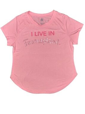 Disney Parks pink glam rhinestones girly princess I live in Fantasy Land shirt L